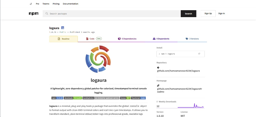 Logaura NPM Package Website Screenshot